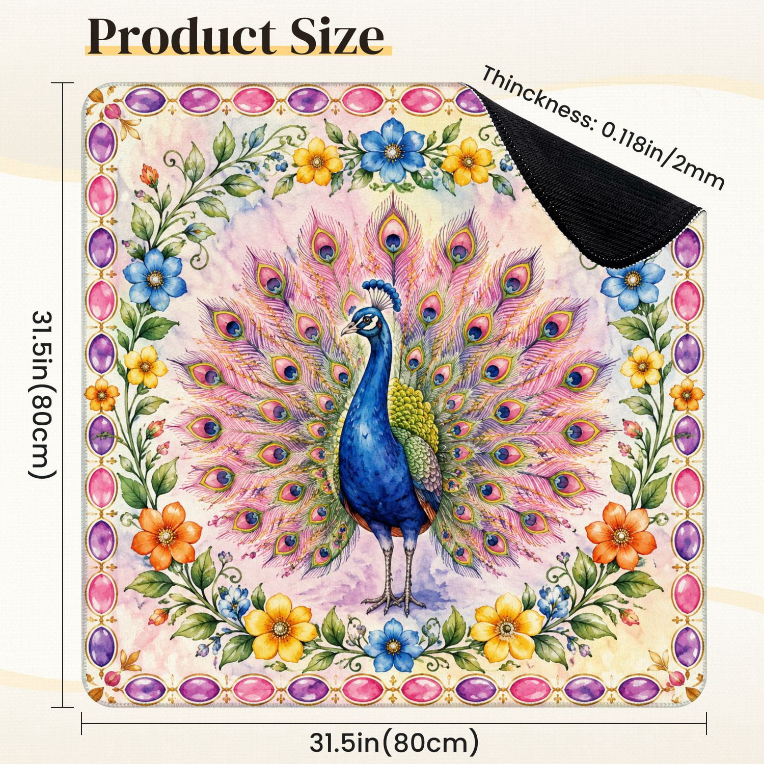 Mahjong Mat 31.5" x 31.5" Colorful Peacock Spread Feathers Floral Border Non-Slip Noise Reduction Mahjong Tiles Table Cover for Dominoes Poker Card Board and Tile Games