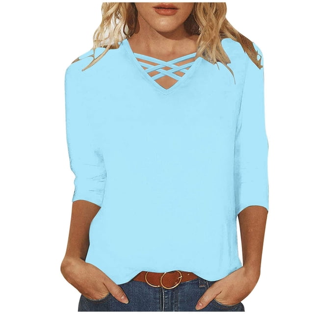 QIPOPIQ T-Shirts Décontractés pour Femmes Manches 3/4 Col Rond Tunique Mignonne Hauts Basiques Blouses Coupe Ample Chandail en Liquidation