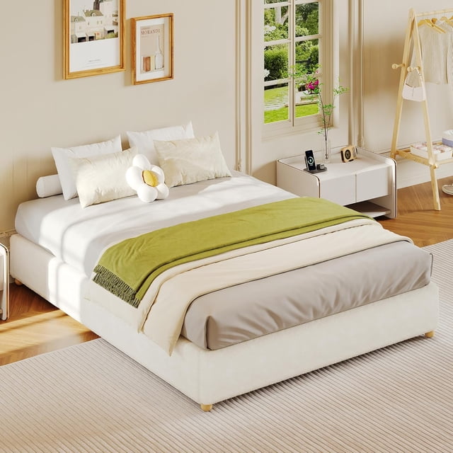 Full Size Cloud Bed Frame, Low Bed Frame Without Headboard, Corduroy Upholstered Low Platform Bed with Solid Wood Legs, No Box Spring Required, Quiet and Easy Assembly, Beige