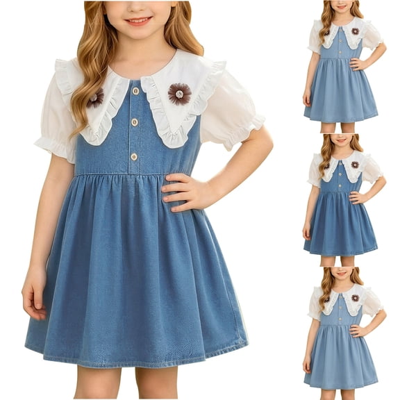 Fengqque Girls Ruffled Peter Pan Collar Denim Dress Puff Short Sleeves Partial Front Buttons A-Line Casual Dress Light Blue-A 18-24 Months