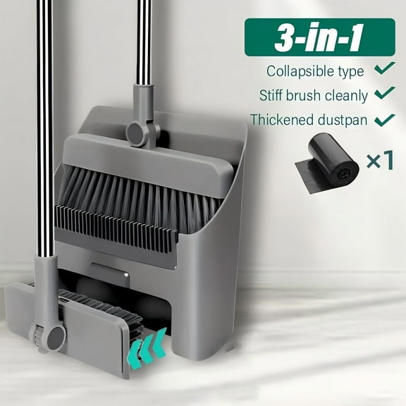 Multi-Purpose 3-in-1 Cleaning Set with Broom, Floor Brush and Dustpan, Adjustable Handle for Floor and Tile Cleaning