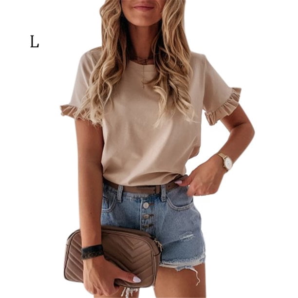 Qarigey Camiseta de mujer Cuello Top de verano Manga corta Algodón Chica Paño Prendas para la parte del cuerpo Caqui L