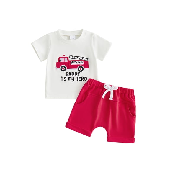 BemeyourBBs Toddler Baby Boy Summer Clothes Firefighter Outfit Shorts Set Fire Truck Applique Short Sleeve T-shirts And Pockets Shorts 2 Piece Toddler Boys Summer Outfit