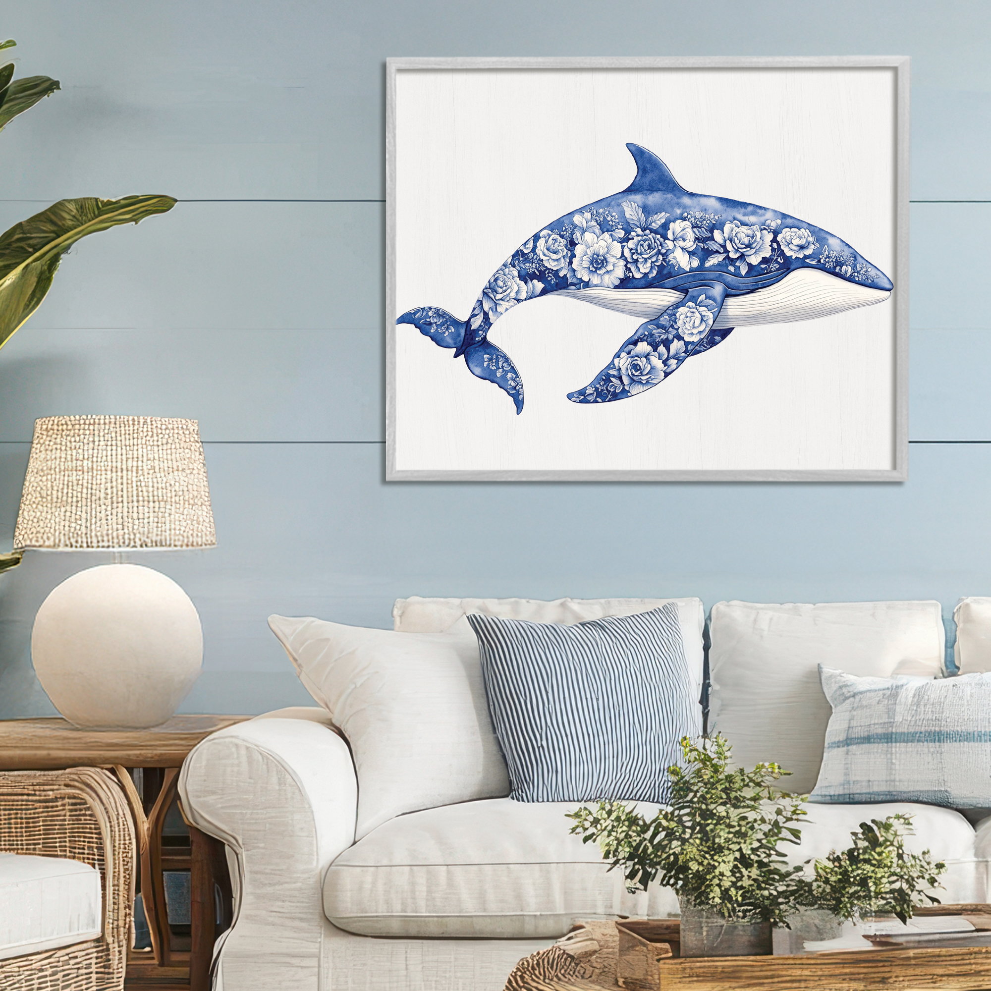 Floral Toile Whale Gray Framed Giclee Art, design by Lettered and Lined