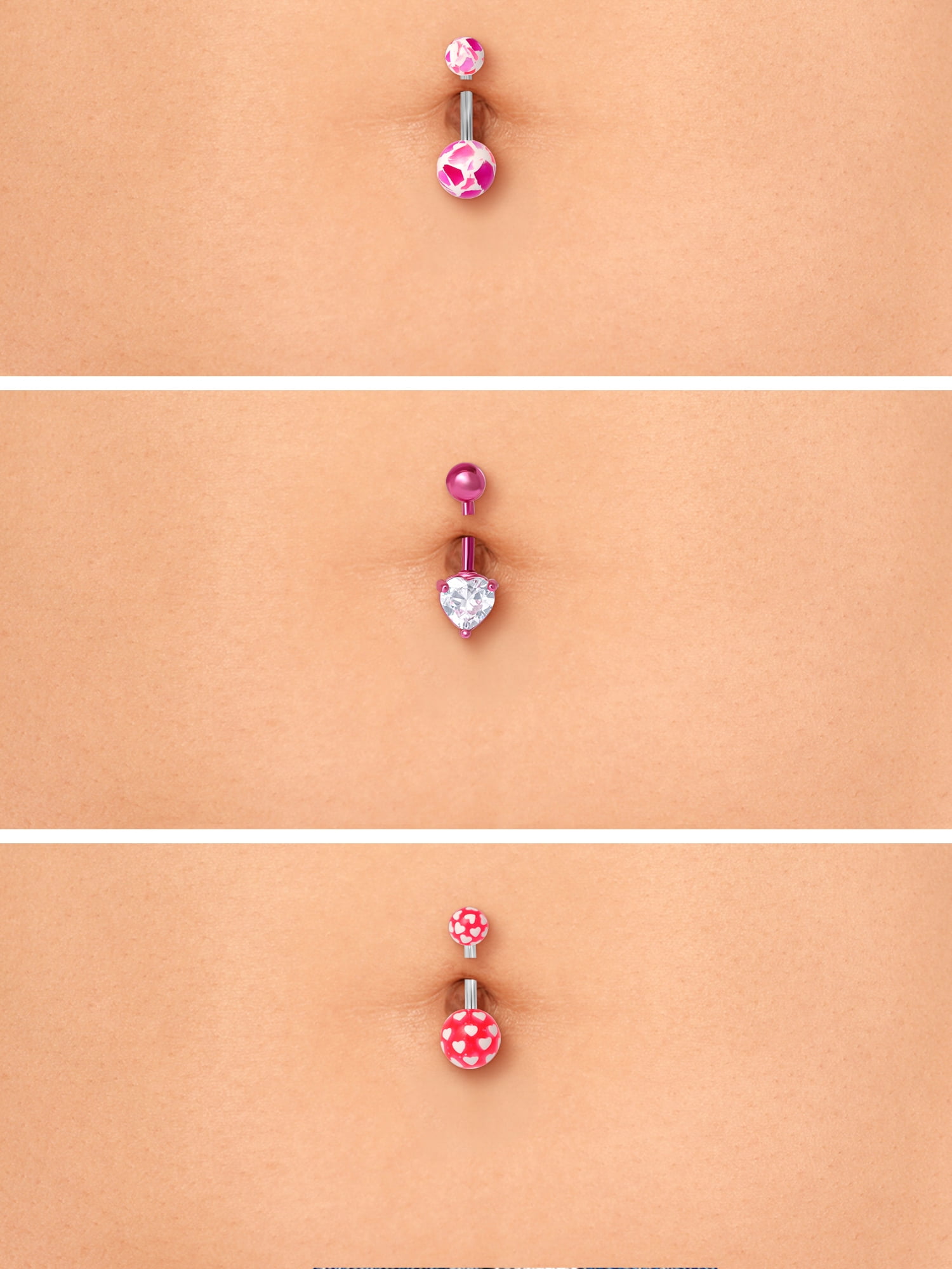Women’s Stainless-Steel 14G Assorted Pink Belly Rings, 3-Pack Body Jewelry