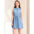 thumbnail image 2 of Unique Bargains Robe Chemise Sans Manches Col Rabattu Boutonnée Plissée à Cordon Bleu Poussiéreux L, 2 of 5