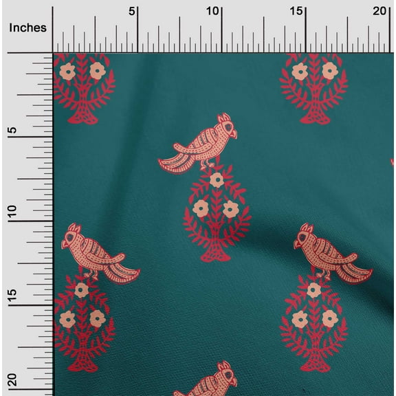 oneOone Organic Cotton Poplin Twill Fabric Leaves|Bird & Floral Block Printed Fabric 1 Yard 42 Inch Wide