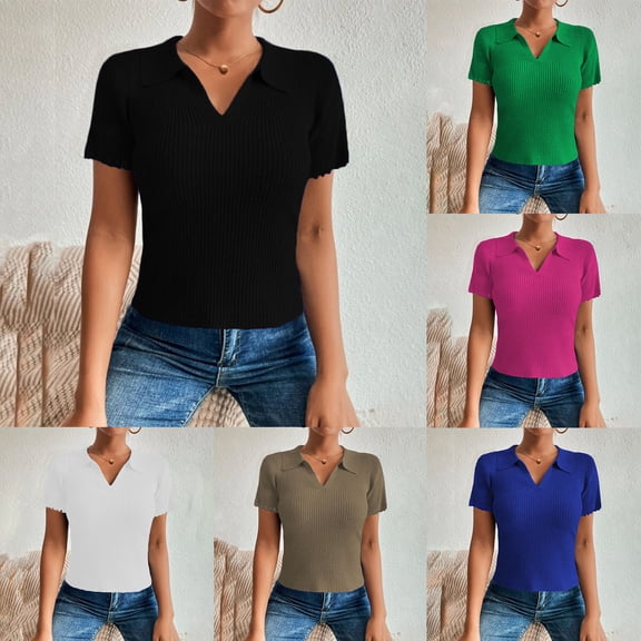SXCXLSA Women's Polo Neck Knit Sweater, Short Sleeve Casual Buttoned Top