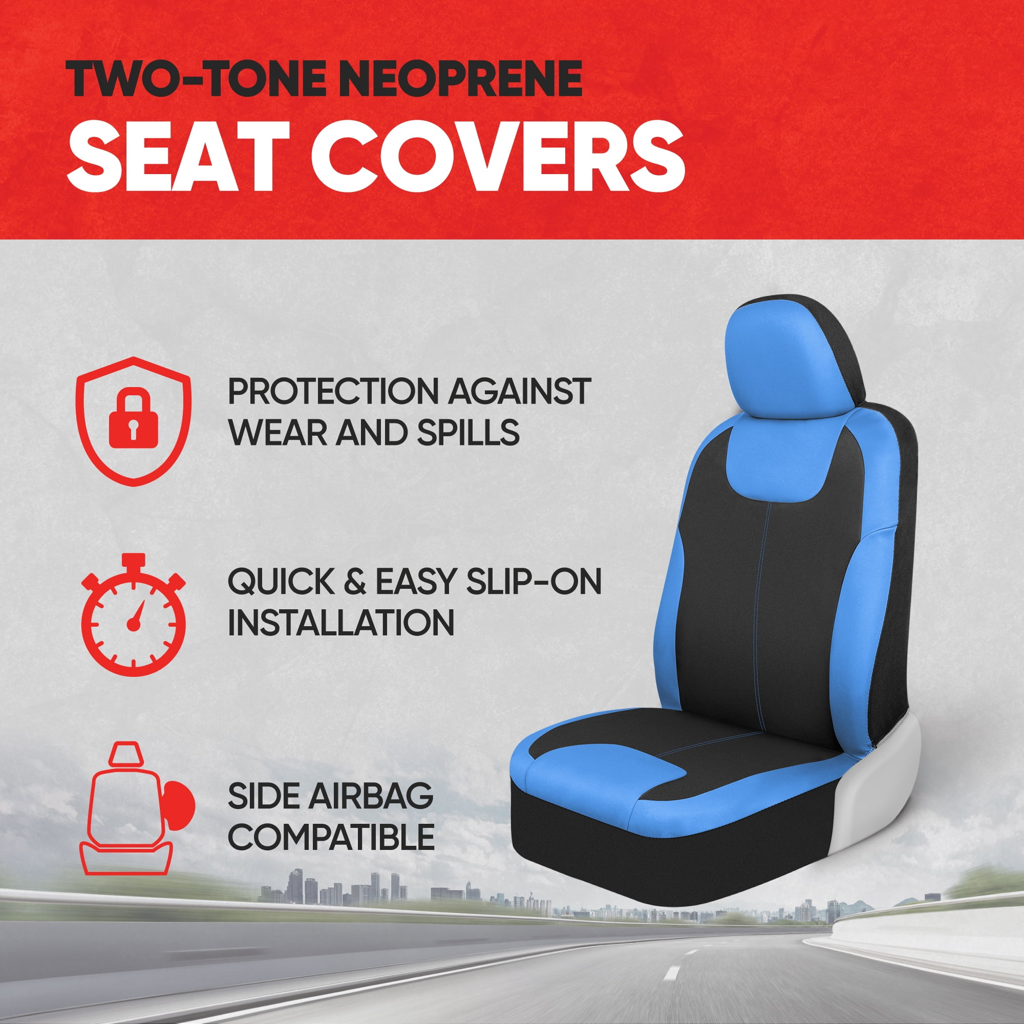 Motor Trend Blue/Black Waterproof Seat Covers for Front Seats – Premium Neoprene Blue Seat Covers, Car Seat Protectors with Removable Headrest, Interior Covers for Auto Truck Van SUV
