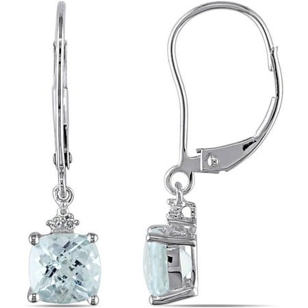 1-3/4 Carat T.G.W. Aquamarine and Diamond Accent 10kt White Gold Leverback Dangle Earrings