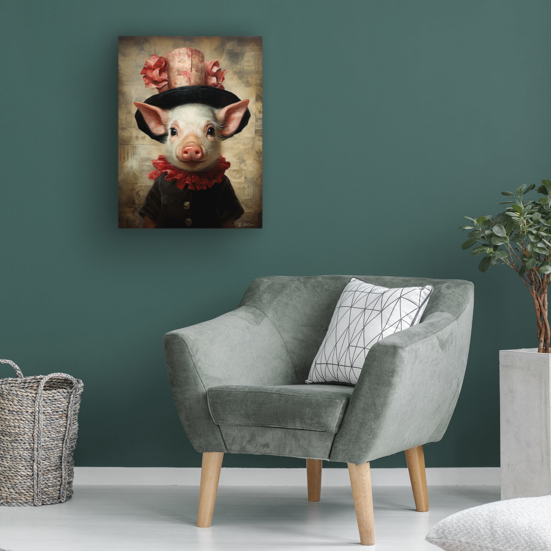 Canvas Wall Art - Momart 'Cute Pig With A Red Hat Baroque Style 2' Wall Art for Living Room, Bedroom, or Office Décor by Trademark Fine Art - 24 x 32 Inches
