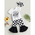 thumbnail image 3 of Wassery Toddler Girls Pants Set Short Sleeve Crew Neck Letters Print T-shirt+Basketball/plaid Print Flare Pants Headbands 3Pcs Baby Summer Casual Outfits 12M-5T, 3 of 8
