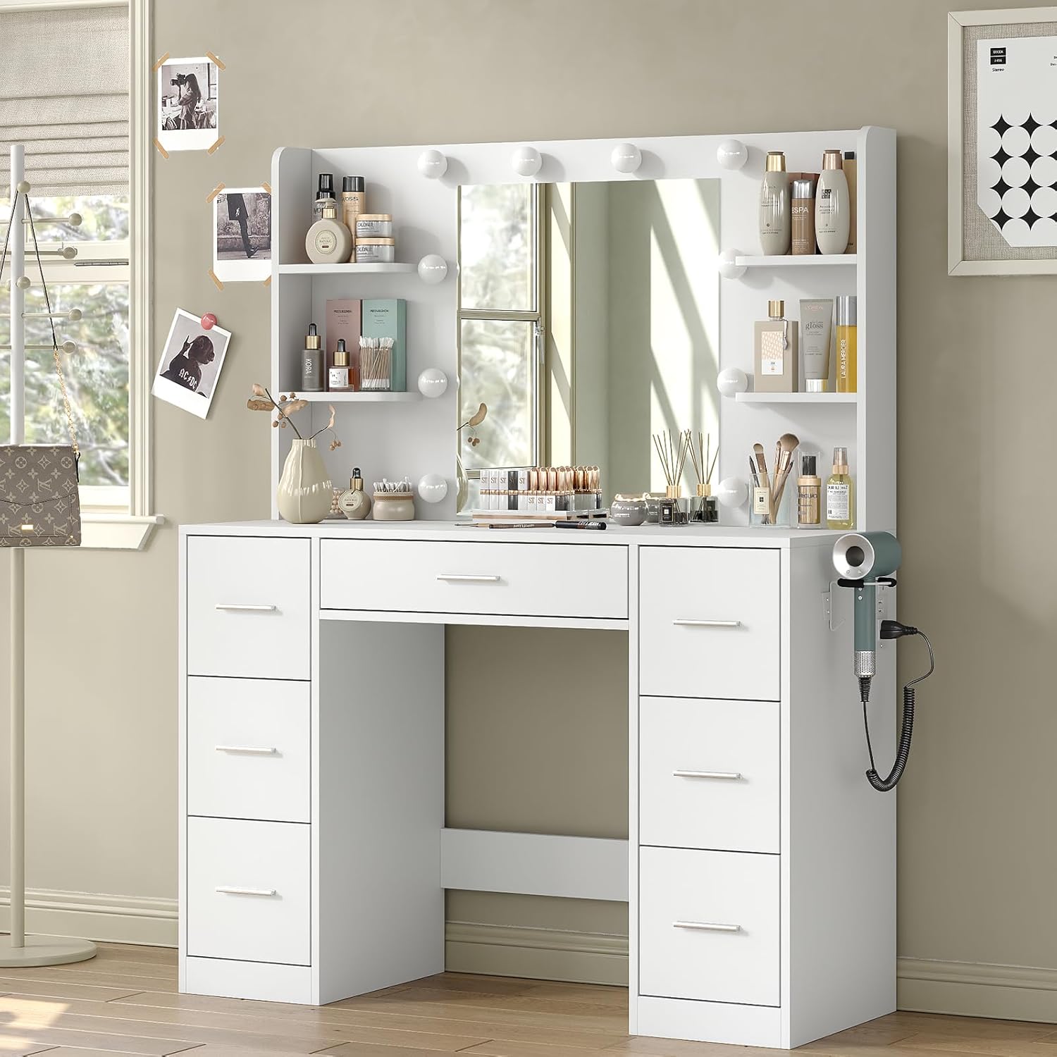 Makeup Vanity Desk with Lights and Mirror ,Dressing Table with 7 Drawers, Power Outlets, 3 Light Modes for Bedroom, White