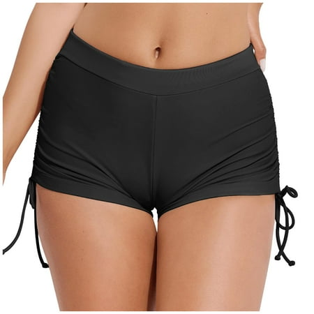 Jdkau Board Shorts for Women Mid Waist Swim Bottom Adjustable Side Tie Boyshorts Bathing Suits BottomBlack S