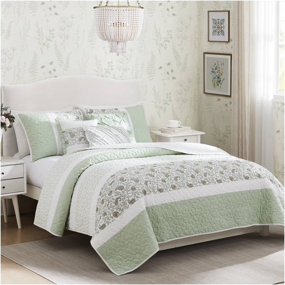 JERFIT 6-Piece Sage Green Cotton Quilt Set with Decorative Pillows, Full/Queen Bedding Ensemble for Farmhouse & Cottage Style