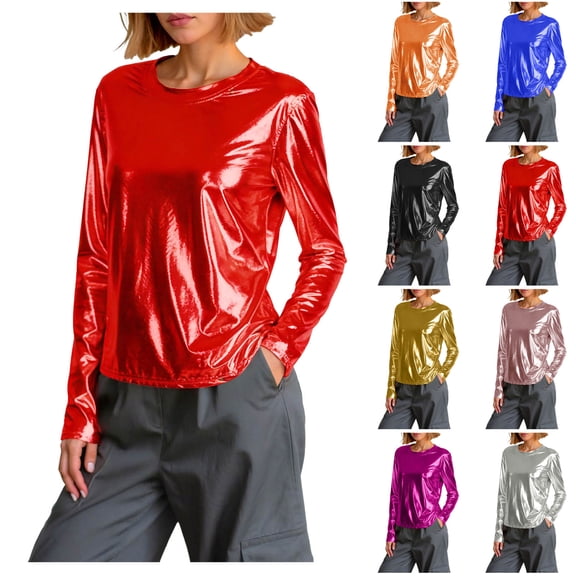 GEWSEY Metallic Tops for Women Long Sleeve Shimmer Disco Party T-Shirt Slim Going Out Club Sparkly Blouses Concert Outfit (Orange, M)