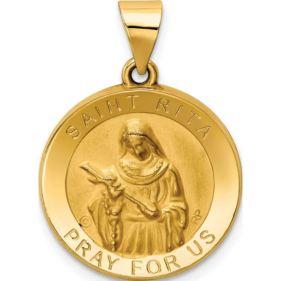 14K Yellow Gold Polished / Satin St. Rita Hollow Medal Pendant (26.2 X 18.7) Made In United States xr1694