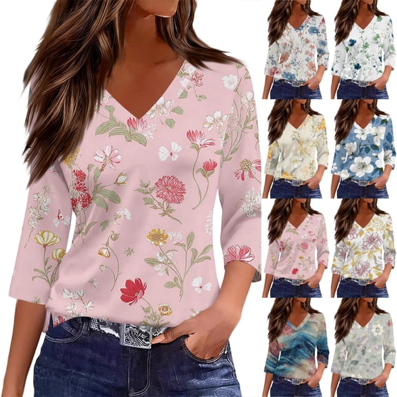 JoveMarine Women's V-Neck 3/4 Sleeve Floral Print Top Casual Blouse with Slit Hem Spring Fall Fashion Tunic for Daily Wear Weekend Beige L