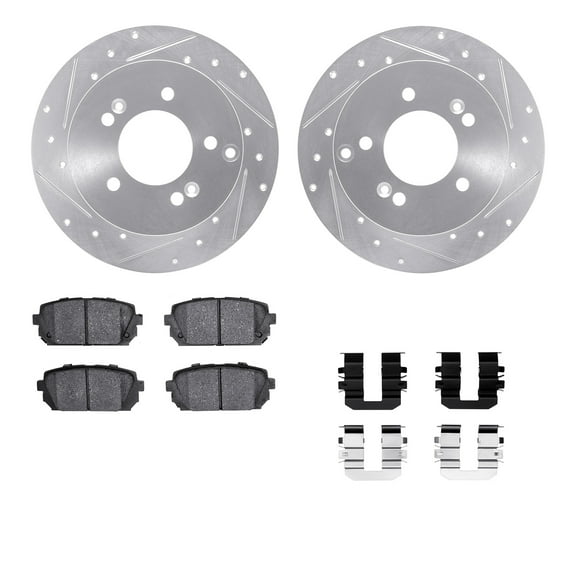 Dynamic Friction Company Rear Brake Rotors-Drilled and Slotted-Silver with 5000 Advanced Brake Pads includes Hardware 7512-21013
