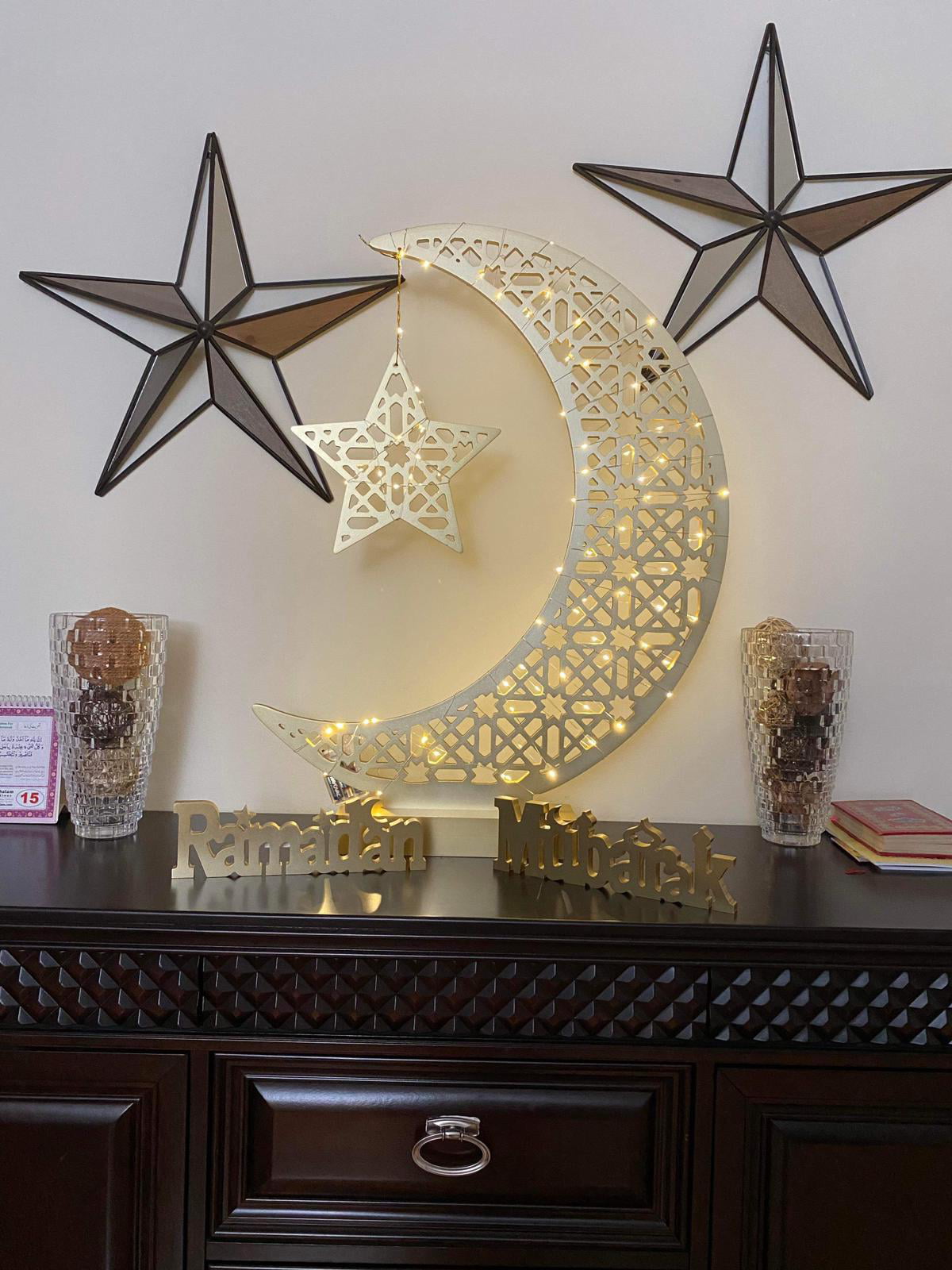 LTS FAFA Lampe à LED en bois Ramadan Décoration Crescent Moon Star Lights  Musulman Islam Eid Ramadan Festival Décorations Crescent Moon Night Light  pour les fêtes, la maison et les cadeaux (C) (