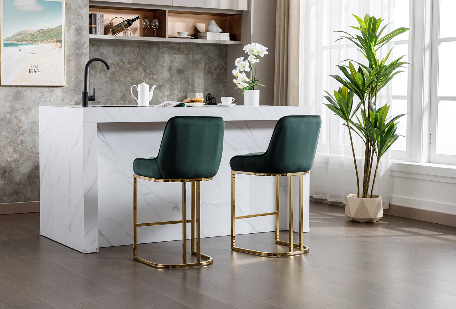 Dayalane Counter Height Bar Stools Set of 2, Velvet Upholstered Kitchen Barstools with Back and Gold Base, 26 " Modern Elegant Island Chairs for Restaurant Bar Dining Room, Green
