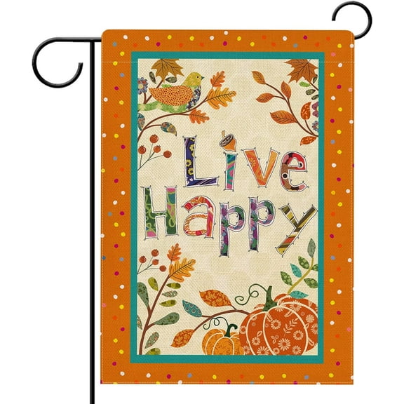Live Happy Fall Garden Flag Double Sided, Inspirational Quote Autumn Pumpkin Bird Leaves Decorative Yard Outdoor Home Small Decor, Positive Farmhouse Outside House Decoration 12.5 x 18