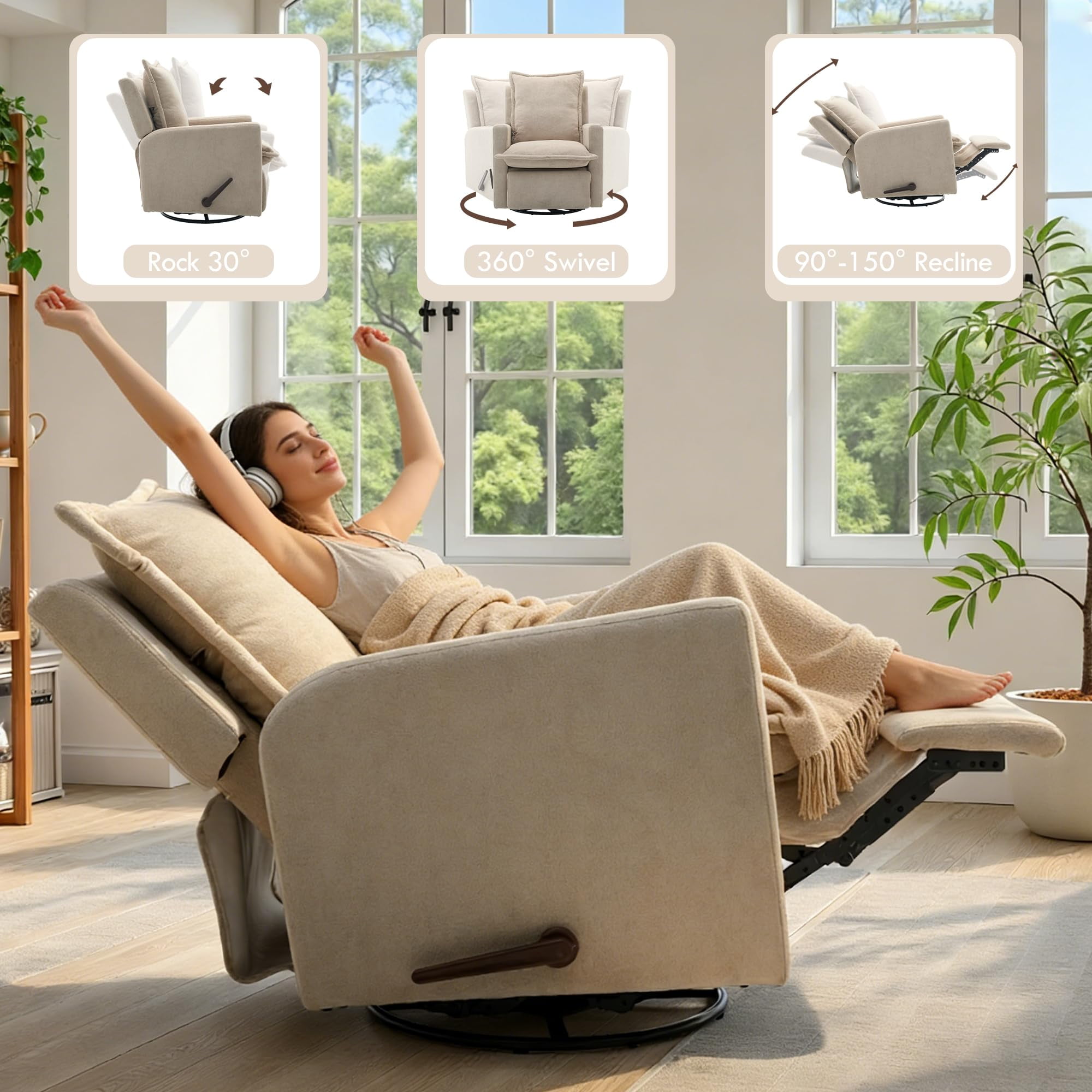 Beige Swivel Rocker Recliner Chair, Merino Wool Manual Rocking Chair for Teens, Bedroom, Gaming Room & Living Room Christmas Gift