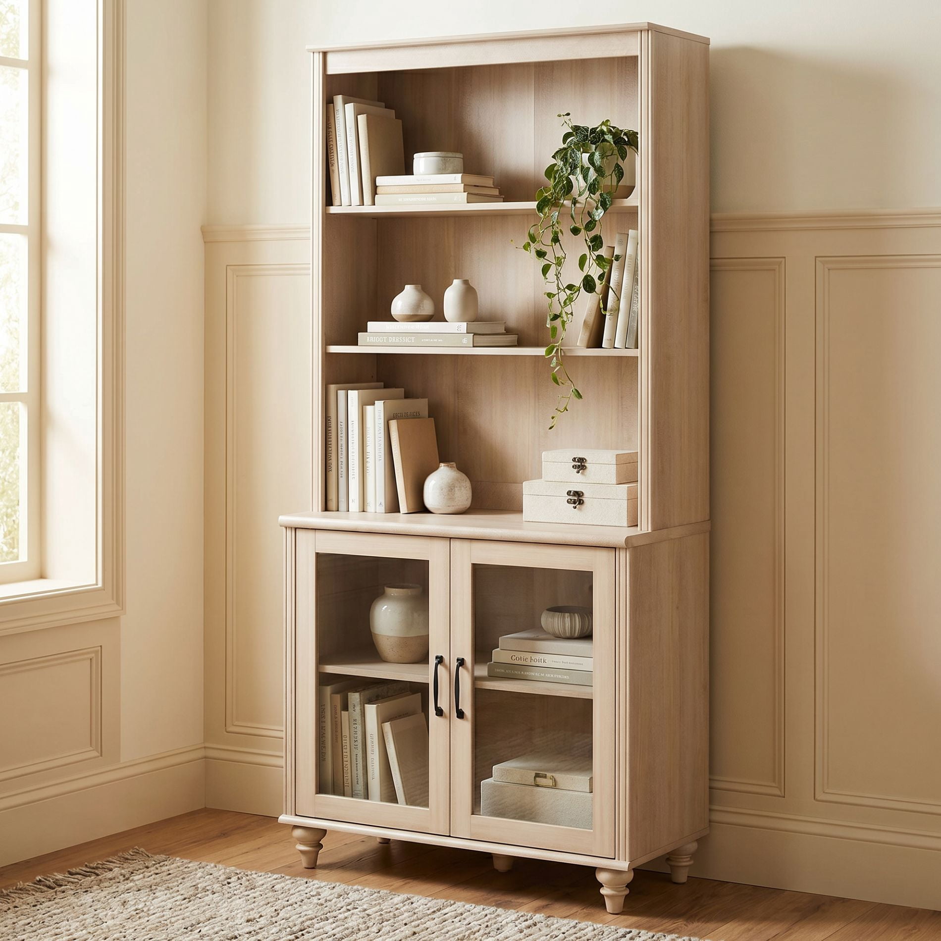 Farmhouse 5 Tier Bookcase With 2 Glass Doors, Beige, 33.9" W