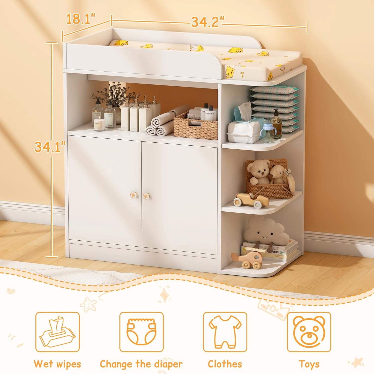 Linor Baby Dresser with Changing Table, Multifunctional Nursery Dresser with 4 Open Shelves & Double-Door Cabinet, Storage Organizer for Nursery