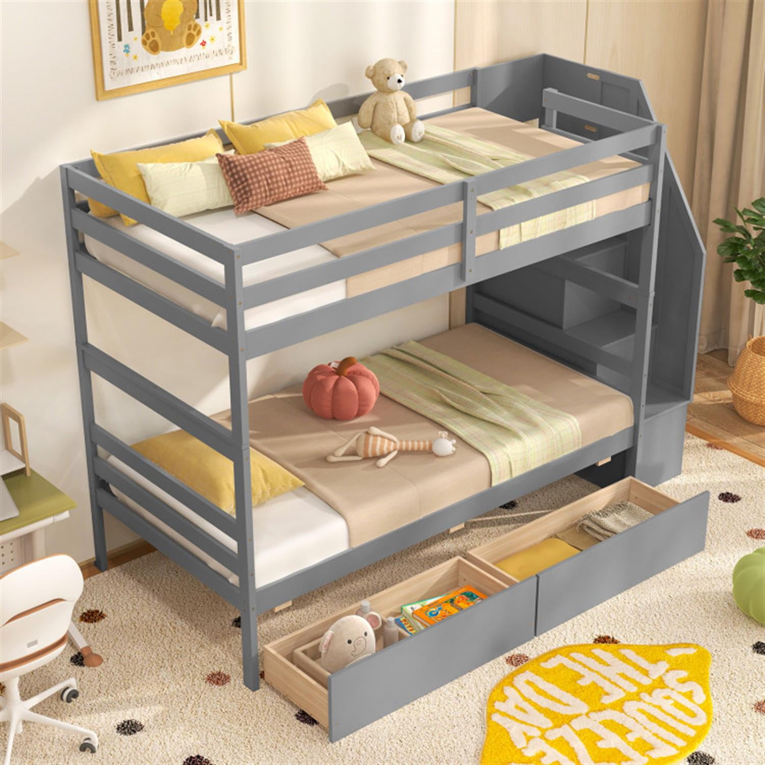 Demi Bonn Twin Over Twin Bunk Bed with Storage Stairs and Drawers, Solid Wood Bunkbeds Frame for Bedroom, No Box Spring Needed, Gray