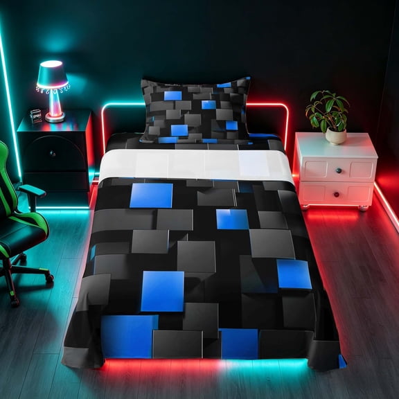 Manfei Abstract 3D Cube Twin Sheets, Geometric Checkered Bedding, Black and Blue, Black Reversible 3 Pieces1 Flat Sheet 1 Fitted Sheet 1 Pillowcase
