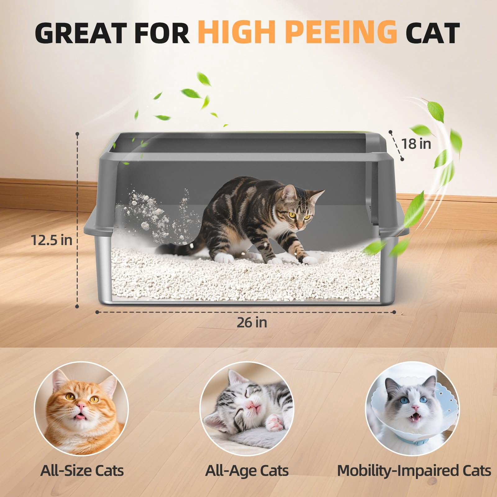 Enclosed Stainless Steel Cat Litter Box With Lid  Xl Extra Large For Big Cats Metal Pan High Sided Never Absorbs Odors Anti-urine Leakage Include Scoop (65-lightgray)