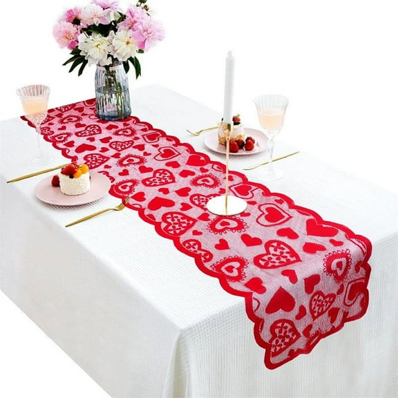 EQWLJWE Red Table Runner Valentines Day Decoration 13 X 72 Inch Lace Dining Heart Table Runner for Valentines Party Supplies