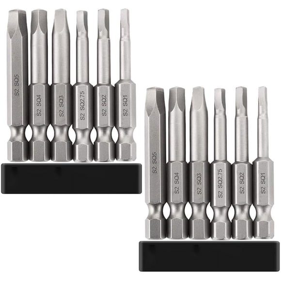 12PCS Magnetic Square Head Screwdriver Bits Set 2 Inch Length 1/4'' Hex Shank Robertson Square Drive Bit S2 Steel SQ1, SQ2, SQ2.7, SQ3, SQ4, SQ5 Quick Release Power Tools, 2 Set of 6