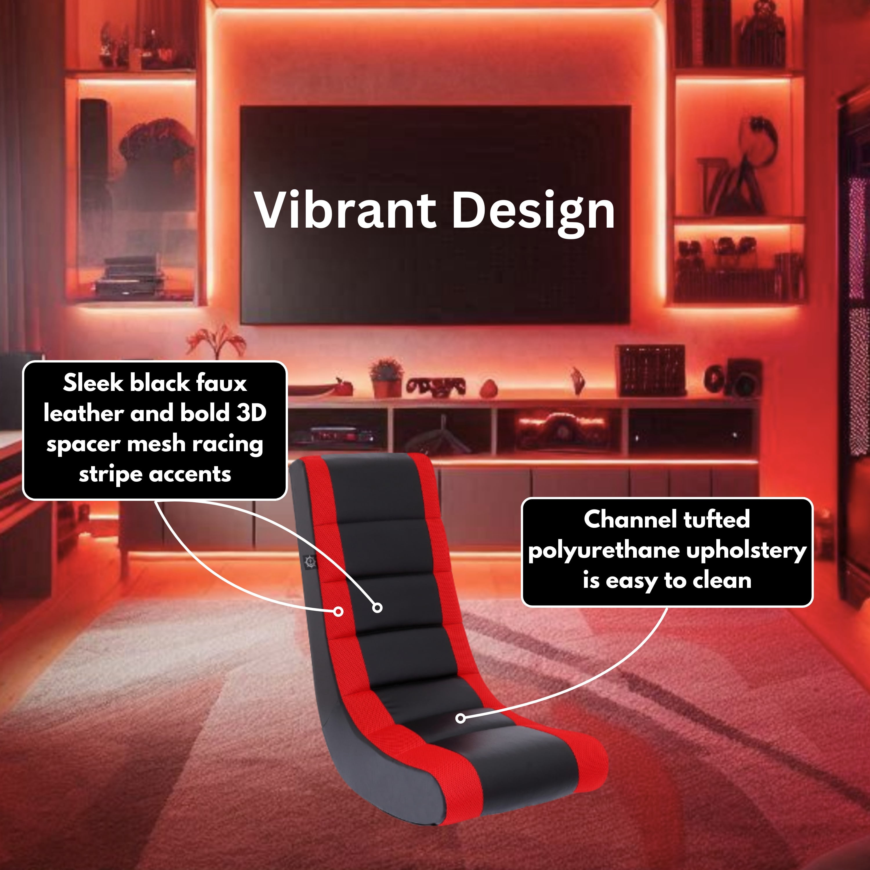 The Crew Furniture Classic Video Rocker Floor Gaming Chair, Kids and Teens, PU Faux Leather & Polyester Mesh, Black/Red