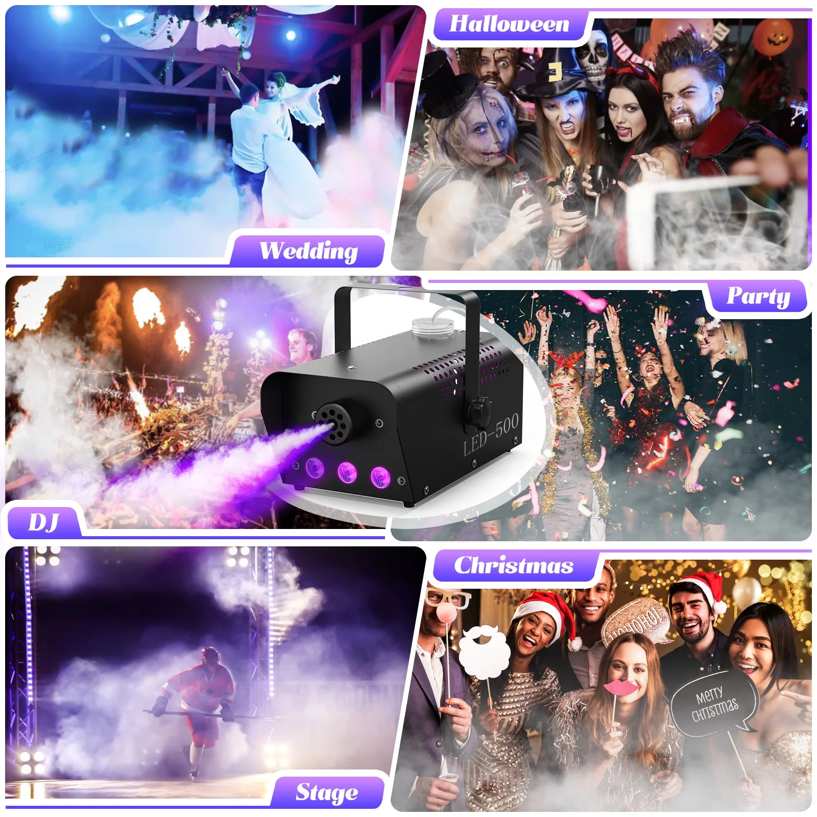 Fog Machine 500W RGB LED Smoke Machine Stage Lighting Effect with Remote Control for Halloween Wedding DJ Show Concert Bar Party