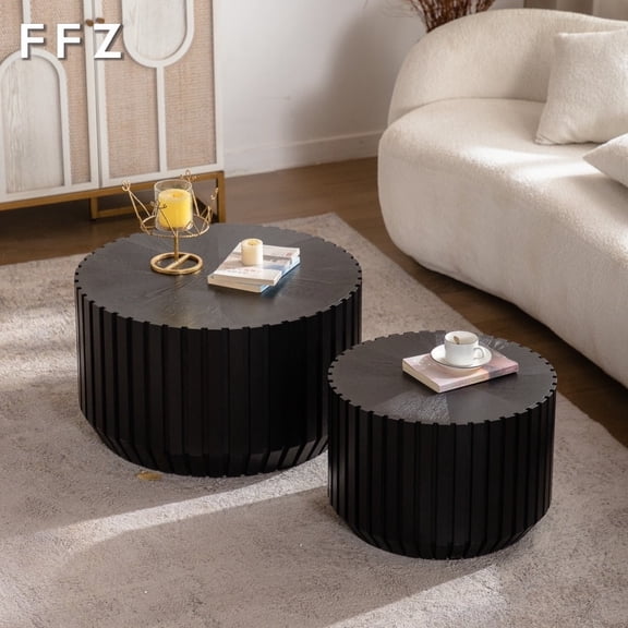 FFZ Set of 2 Fluted Coffee Tables with Solid Wood Top and MDF Base, 26.77 x 19.69 inch, Black