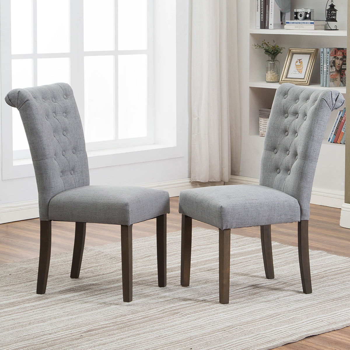 Grey Tufted Dining Chairs Set of 2, Upholstered High Back ...
