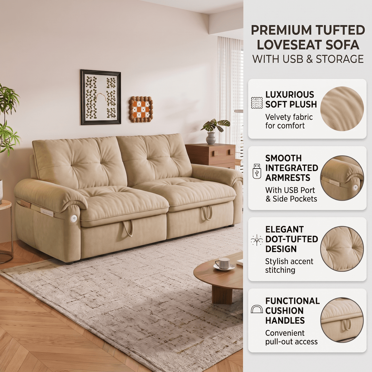 Xiweot Convertible Sleeper Sofa Bed, 77" Queen Size Pull Out Couch Bed with Adjustable Backrest, USB Ports & Side Pocket, Velvet Loveseat Sleeper for Living Room Small Space (Brown)