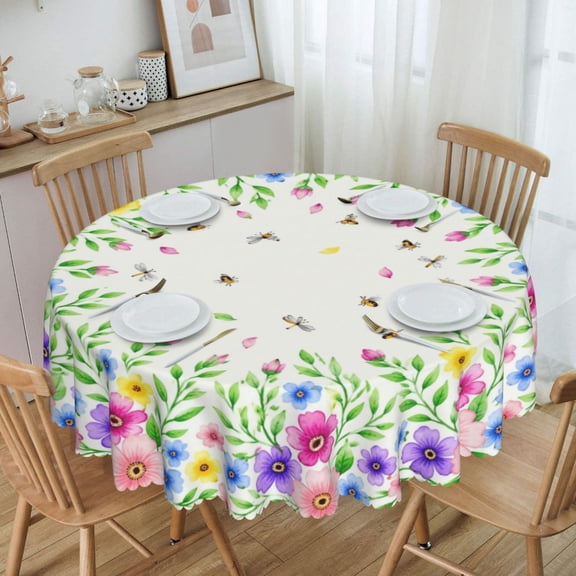 Floral Border With Bees And Dragonf Round Tablecloth Polyester Waterproof & Washable 60" Table Cloth Indoor and Outdoor for Kitchen Dining Party Picnic Table Cover