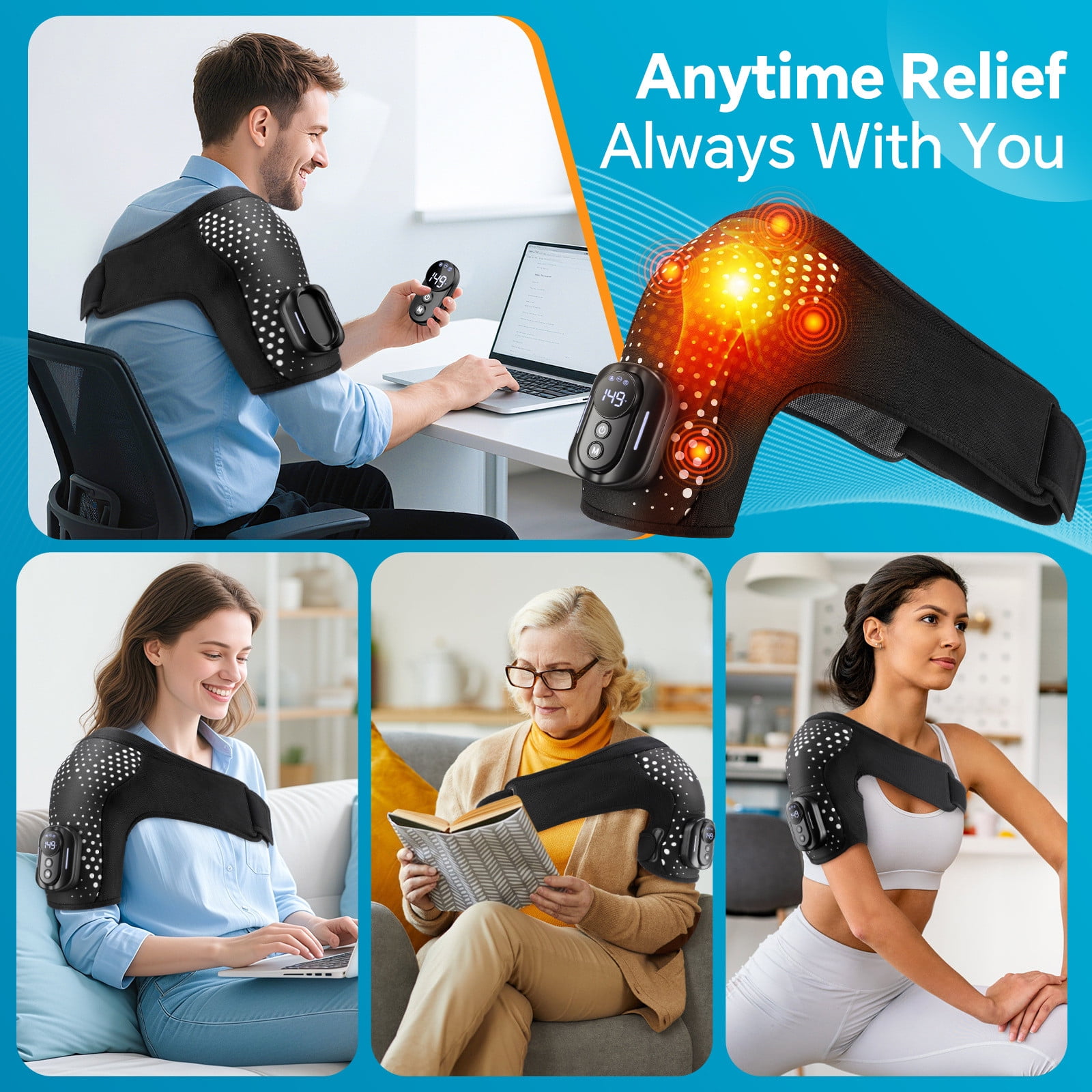 DAMAI Shoulder Heating Pad with Massager, Portable Shoulder Brace with Magnetic Detachable Remote Control, 5000amh Battery Powered Detachable Controller Heated Massage with 5 Heats &Vibrations