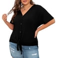 thumbnail image 3 of Cueply Womens Plus Size Tops Short Sleeve V Neck Waffle Knit Tunic Blouse Tie Front Button up T Shirts, 3 of 8