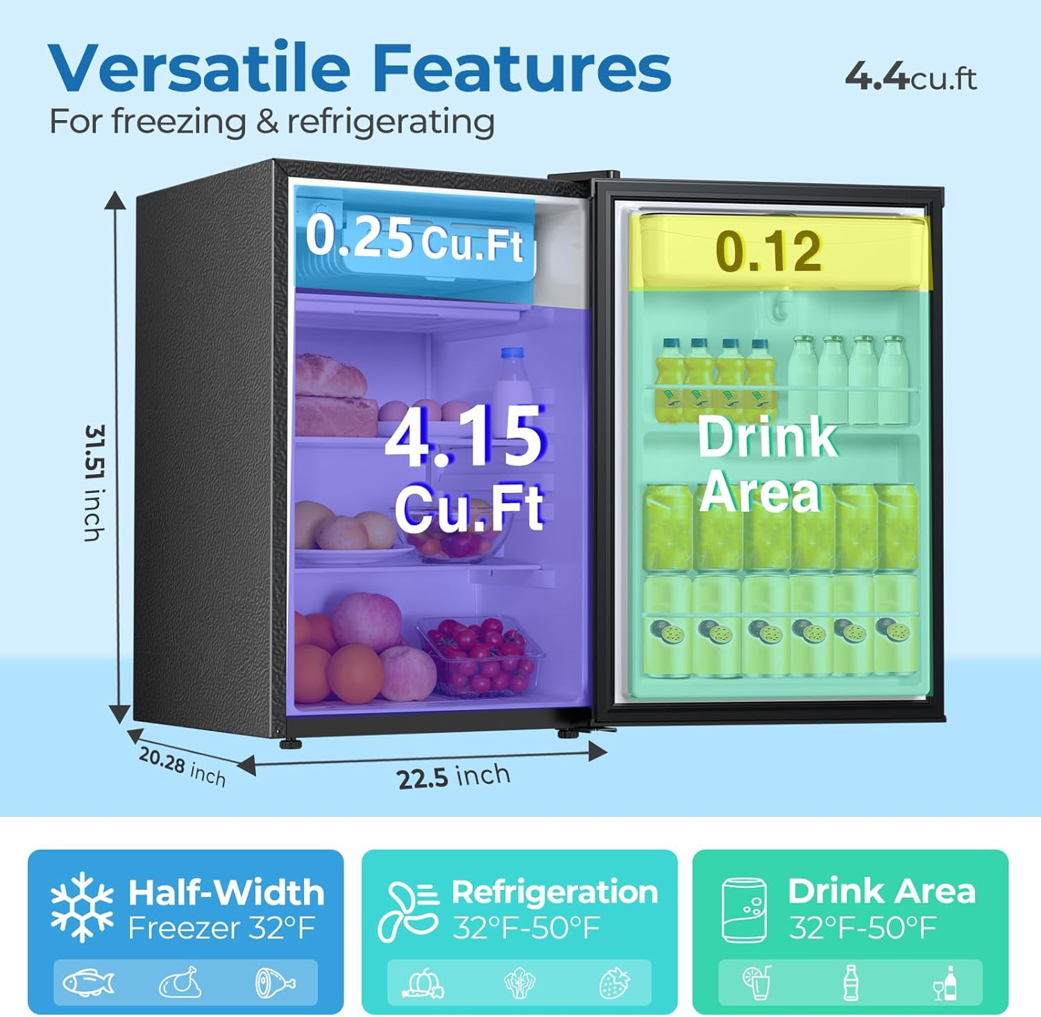 WAA 4.4 Cu.Ft Mini Fridge with Water Dispenser Adjustable Temp,Low Noise for Small Spaces (Black)