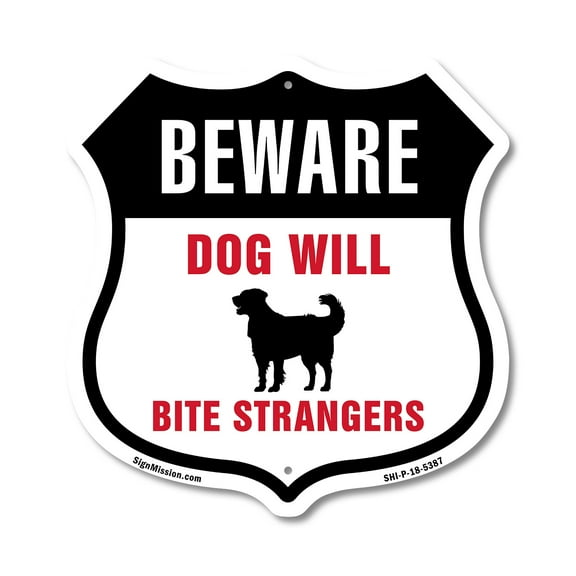Beware Dog Will Bite Strangers 12 inch X 12 inch Shield-Shaped Rust-Free Aluminum Metal Sign Weather Resistant Made in the USA