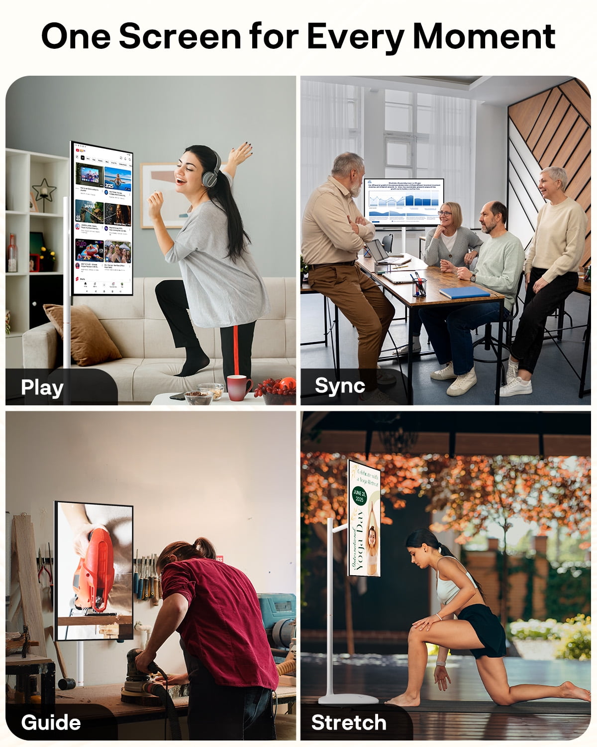 SYLVOX 27" Rolling TV with Camera, Large Tablet on Wheel, 1080p TouchScreen, 10000mAh Battery, Android 14, 8GB RAM+128GB, Voice Remote, Dual 10W Speakers, Full Swivel, White