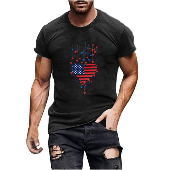 Cxenplz Mens Tops Summer Casual Cotton Shirts Heart USA Flag 4th of July Patriotic Tshirt Graphic Short Sleeve Tops