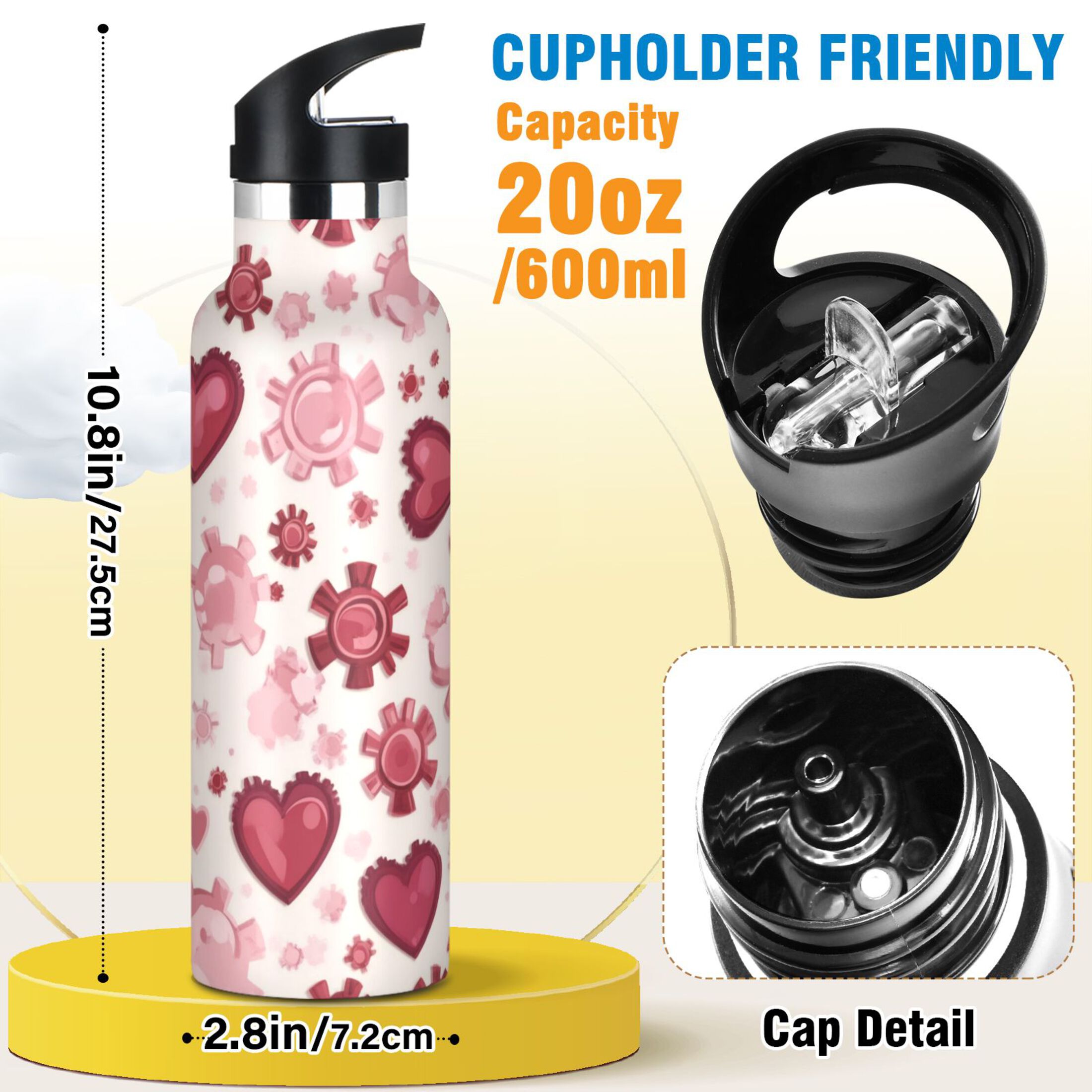 Kids Insulated Stainless Steel Sports Water Bottle 600ml (20oz) Gear-shaped Hearts Pattern