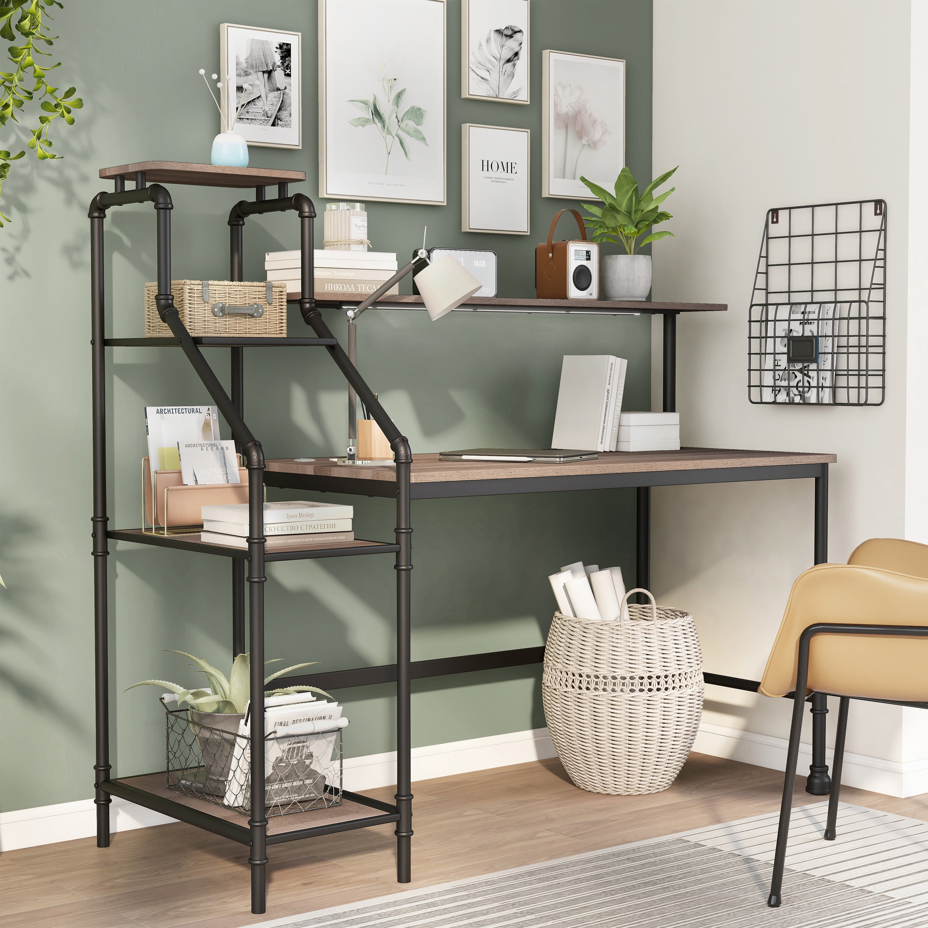 Furniture of America Asher Metal 61-in Corner Desk with LED, Light Oak