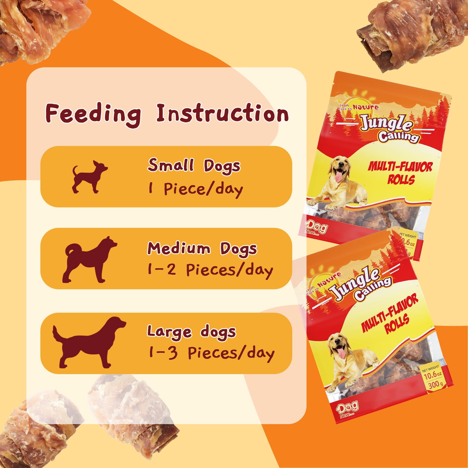 (5 pack) Jungle Calling Multi Flavor Rolls Dog Treats, Peanut Butter, Duck, Chicken & Beef, Rawhide Free Dog Snacks