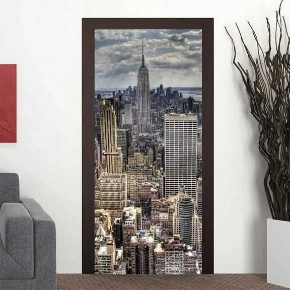 Modern Cityscape Door Sticker Urban Landscape Wallpaper New York Building Mural D Self-adhesive Bedr